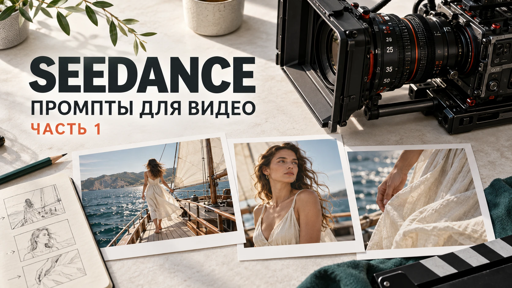 Иллюстрация к гайду Seedance, часть 1: кинокамера и три плана раскадровки на парусной лодке.