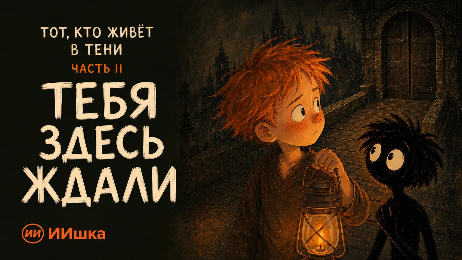 Тим с фонарём в левой руке и Шуш перед дверью города теней