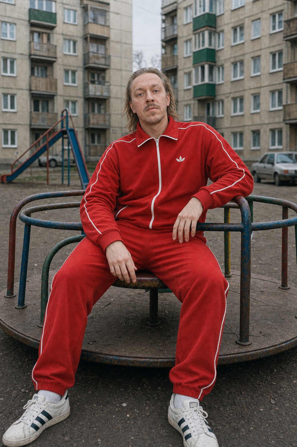Промпт «Красный костюм во дворе»: пример результата