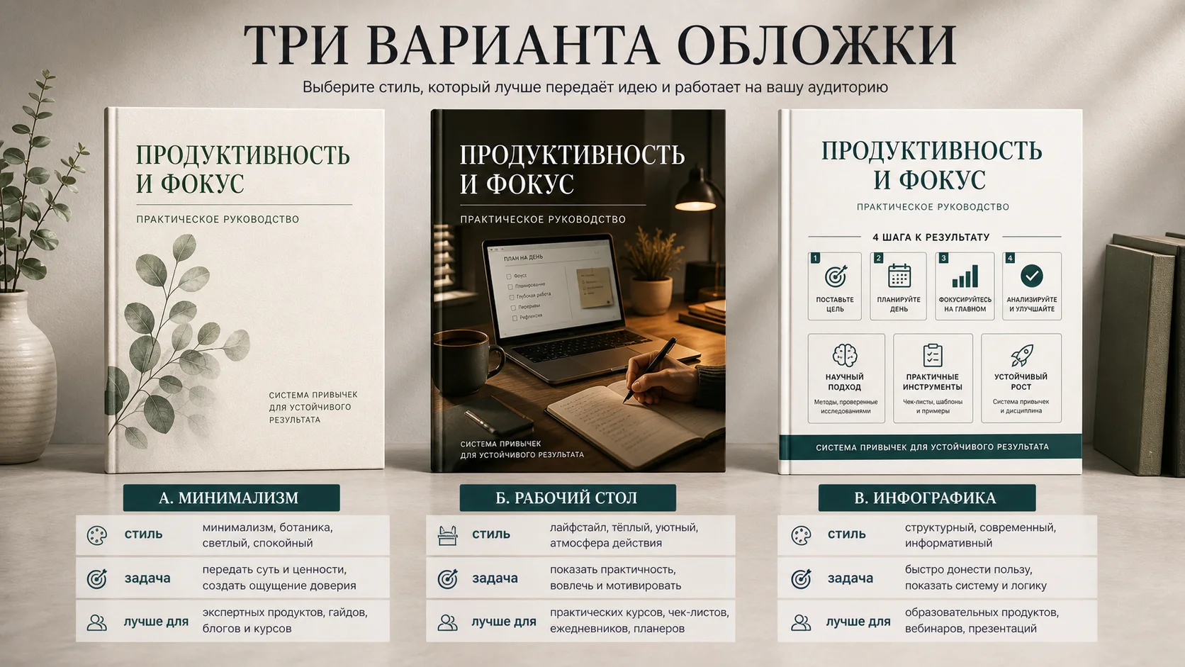 Промпт «Три варианта обложки»: пример результата
